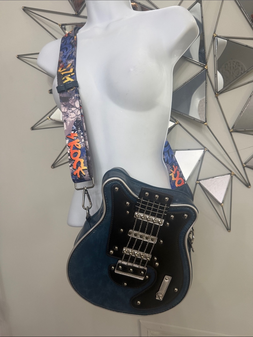 Source Unknown Blue and Black Guitar-Shaped Crossbody Bag with Graffiti Strap